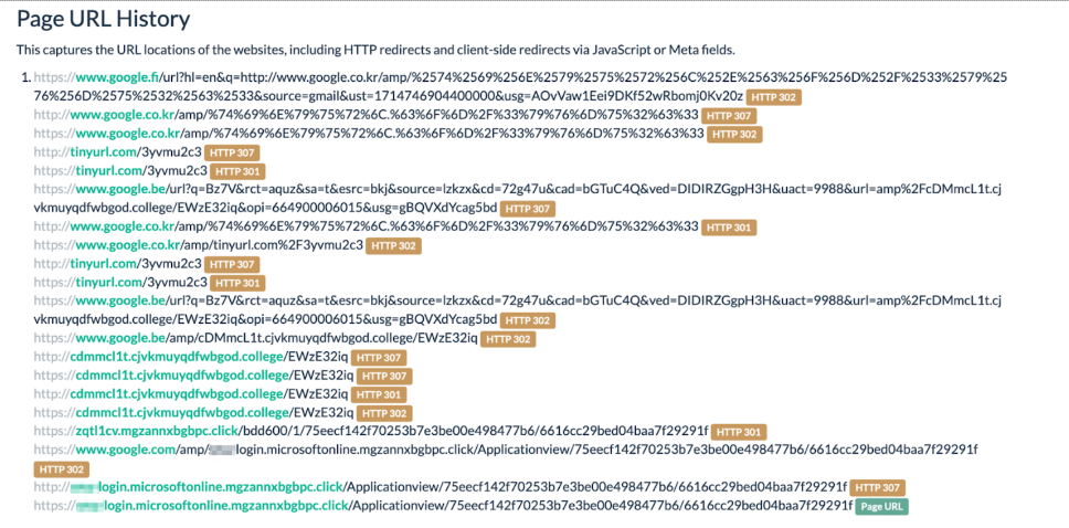 Figure 1: The string of redirected URLs that included SMA, the name of the targeted company